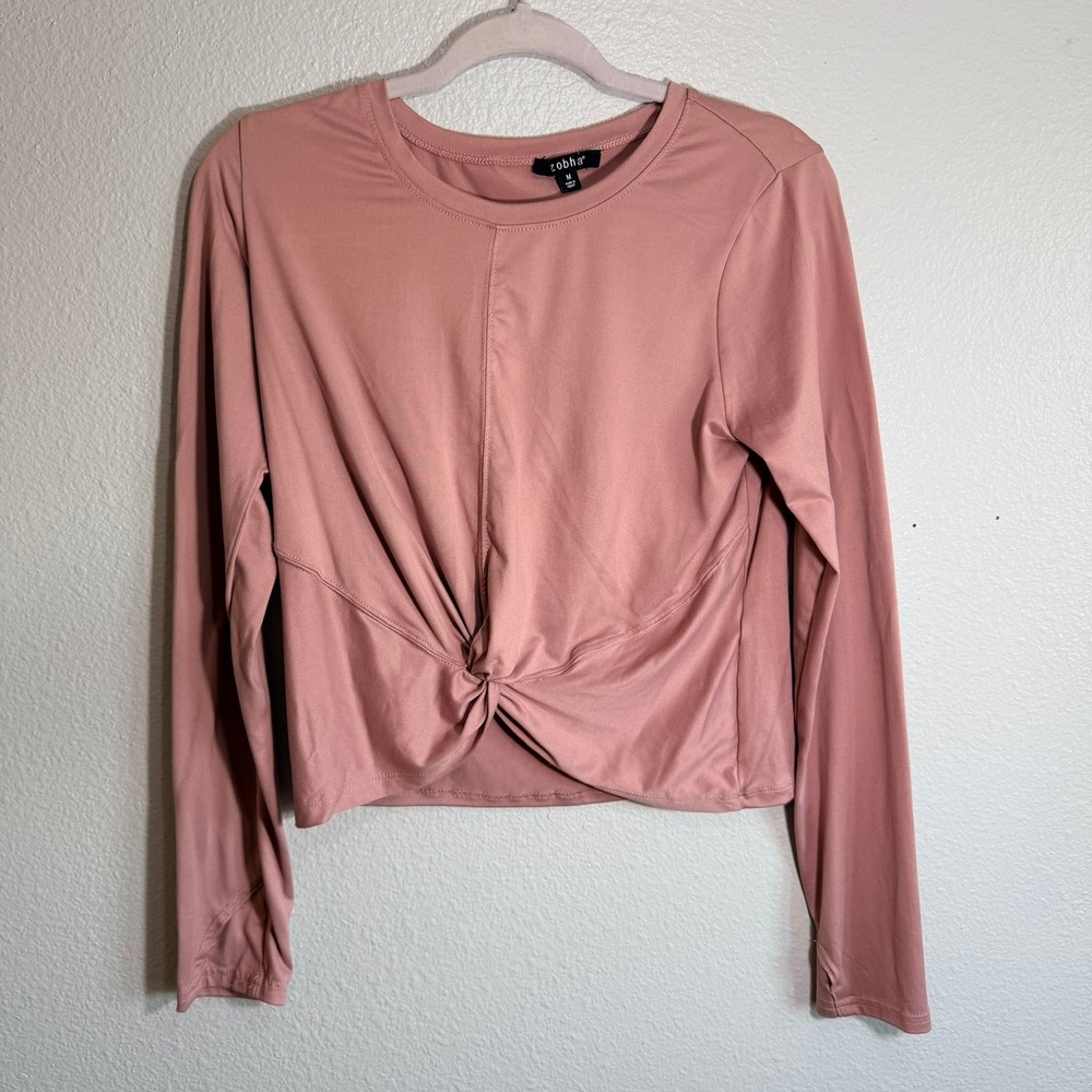 Zobha Womens Long Sleeve Twist Front Crop Top Pink Thumbholes Activewear Size M